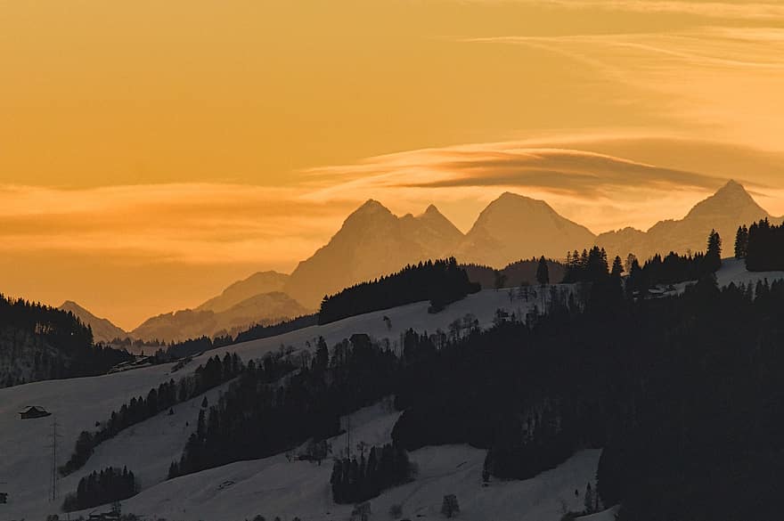 solnedgång, bergen, natur, alperna, schweiz, summit, moln, bakgrund, berg, snö, landskap