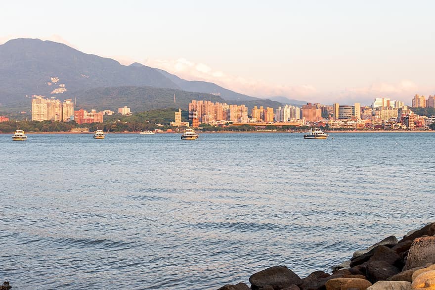 barcos, rio, mar, oceano, por do sol, agua, vista do mar, montanha, Taiwan, paisagem urbana, embarcação náutica