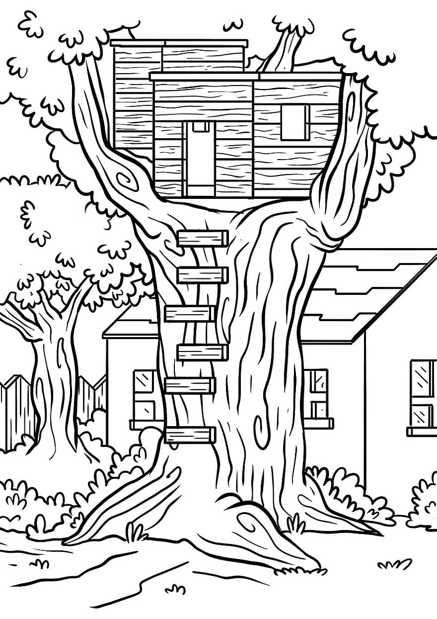 treehouse, krāsojamās lapas, malbild, koks, bērniem, iedomājieties, krāsošanas attēls, siluets, spēlēt