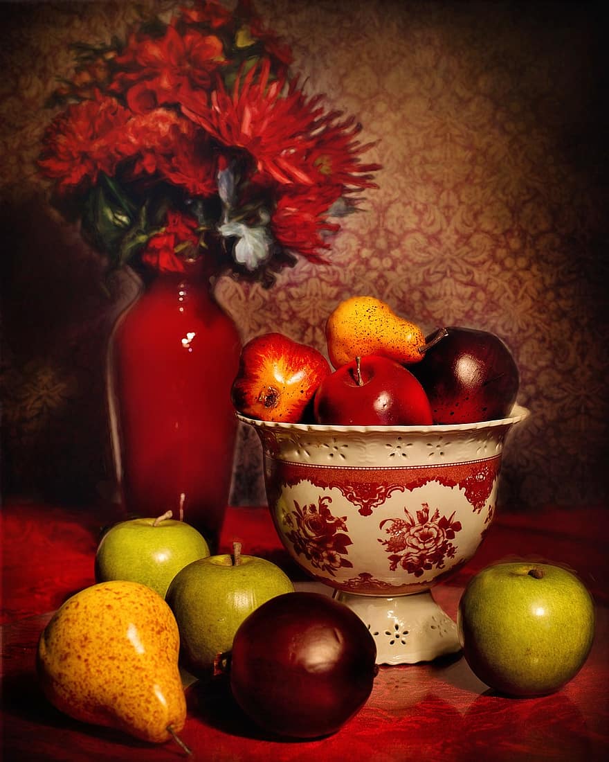 Натюрморт, фрукти, темно-бордовий, квіти, природний, дизайн, елегантність, фруктова миска