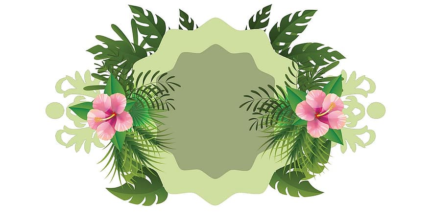 ramme, bakgrunn, løvverk, grønt, floral, blomster, monstera blad, palmblad, hibiscus, fersk, hawaiian
