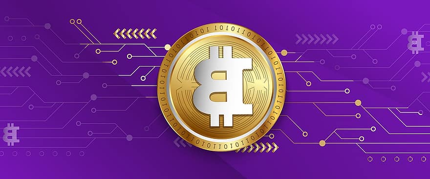 bitcoin, crypto, cryptocurrency, blockchain, měna, technologie, síť, prapor, zlatý, mince, obchodování