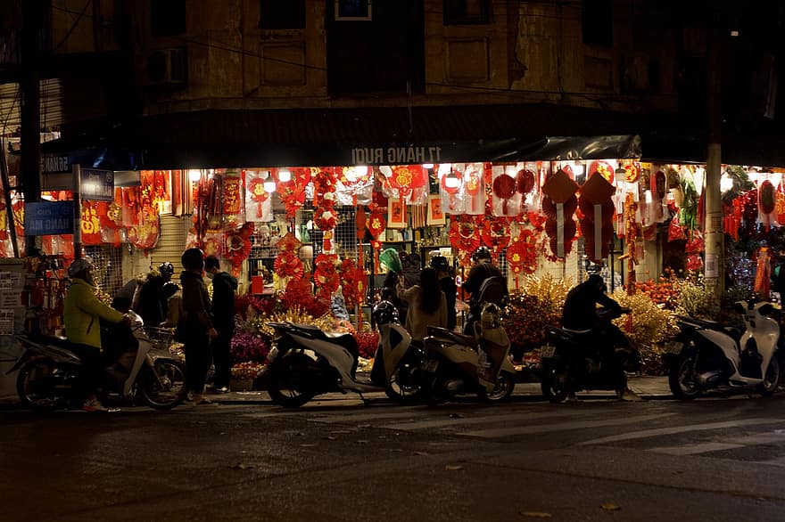 ulice, trh, lucerny, dekorace, noc, městský život, motocykl, kultur, muži, noční život, destinace
