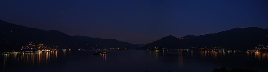 ezera maggiore, pilsēta, naktī, vakarā, ezers, ticino, Gambarogno, ainavu, brissago