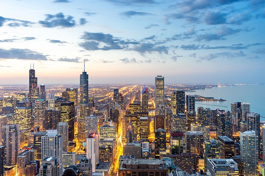 Chicago, città, crepuscolo, grattacieli, edifici, Illinois, stati Uniti, Stati Uniti d'America, architettura, urbano, paesaggio urbano