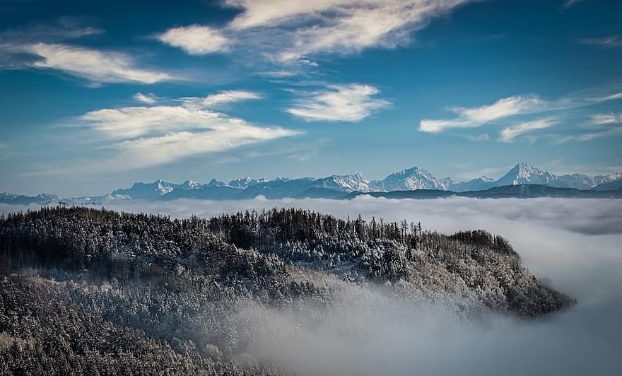 montagne, nuvole, picco, vertice, nebbioso, nebbia, alberi, la neve, inverno, cielo, paesaggio