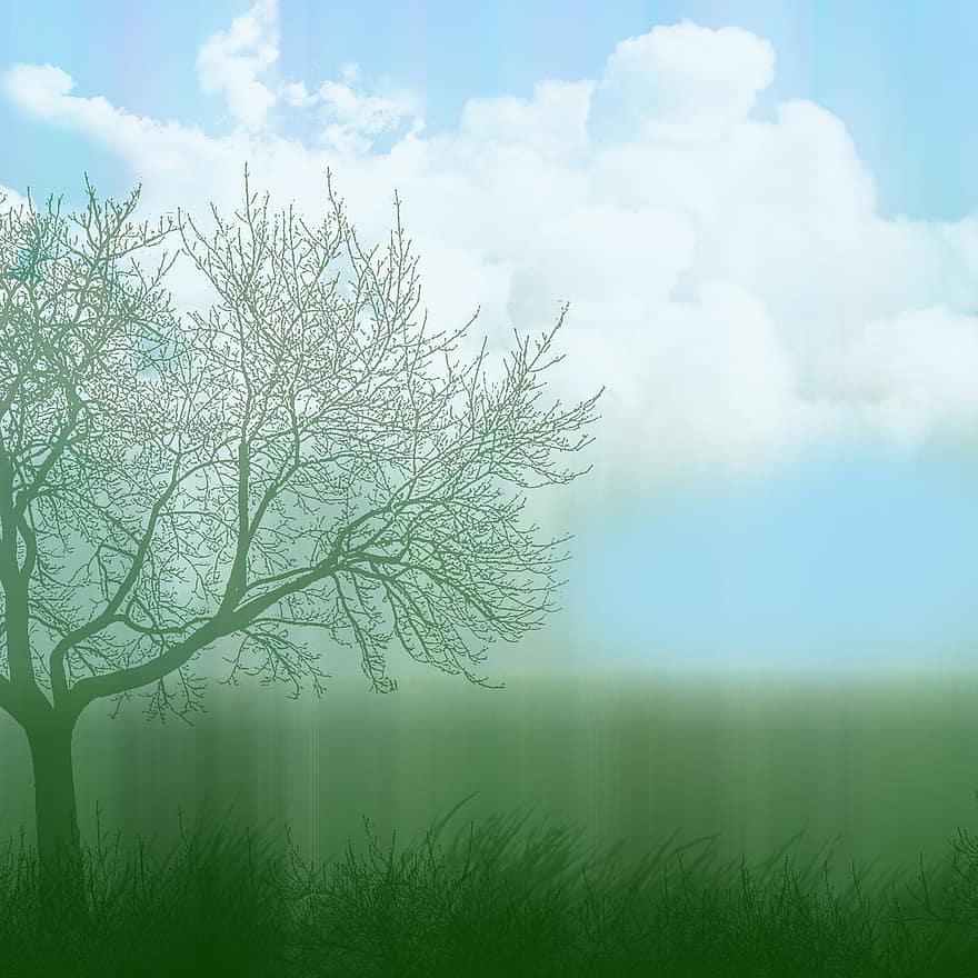 фон, воздух, облака, трава, дерево, синее небо, облако, небо