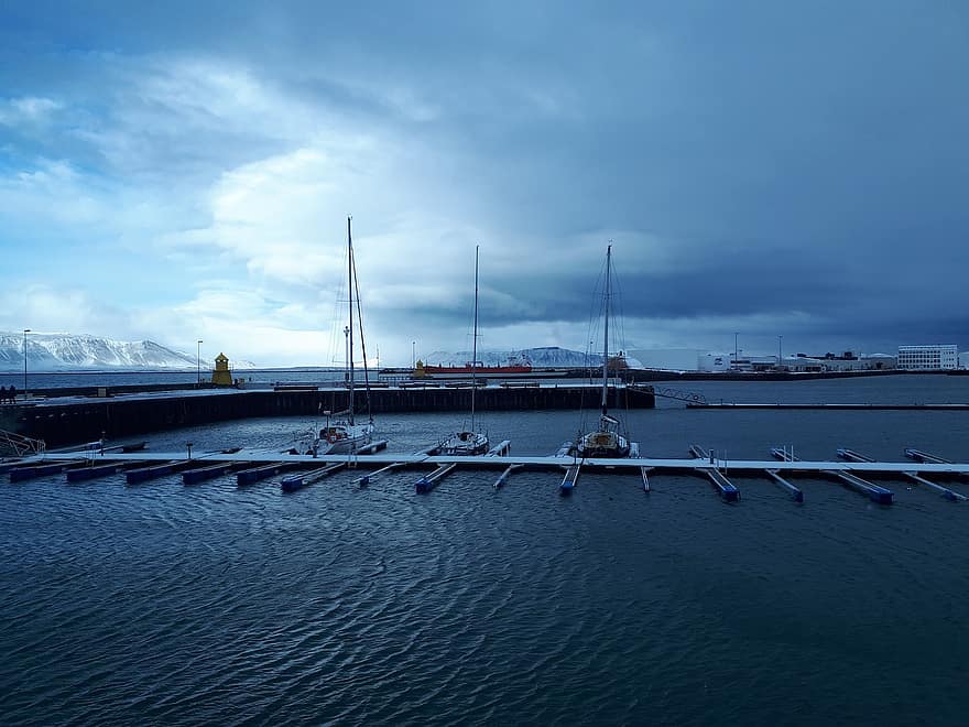 thuyền, bên bờ biển, Hải cảng, Nước Iceland, tuyết, mùa đông