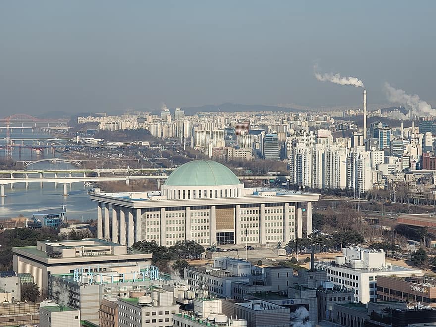 Budynki, drapacze chmur, populacja, zatłoczony, Miasto, stolica, Republika Korei, yeouido, widok miasta, Korea, Korea Południowa