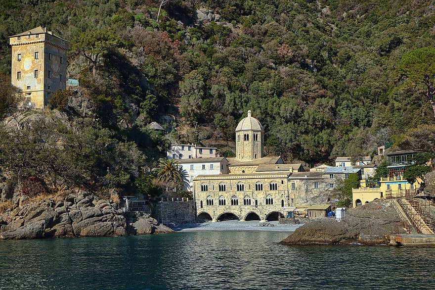 klooster, kust, baai, zee, eiland, gebouwen, monument, geschiedenis, Italië, liguria, cultuur