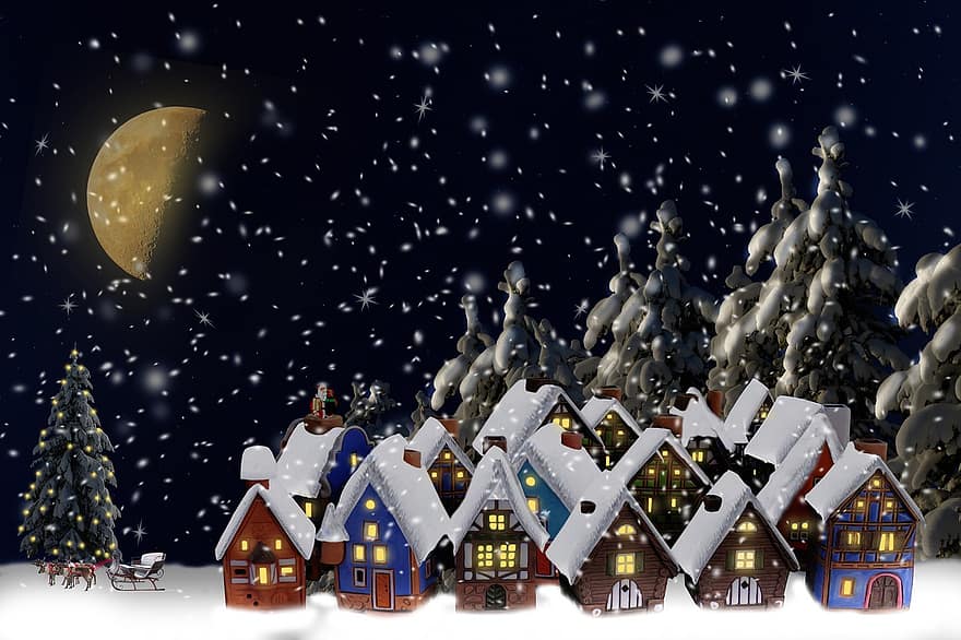 sníh, vesnice, domy, sněžení, vánoční vesnice, jízda na saních, sobů, sníh vesnice, Příroda, zimní, snowscape