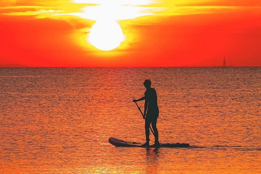 le coucher du soleil, stand up paddle, mer, après midi, la nature, crépuscule, horizon, paddleboard