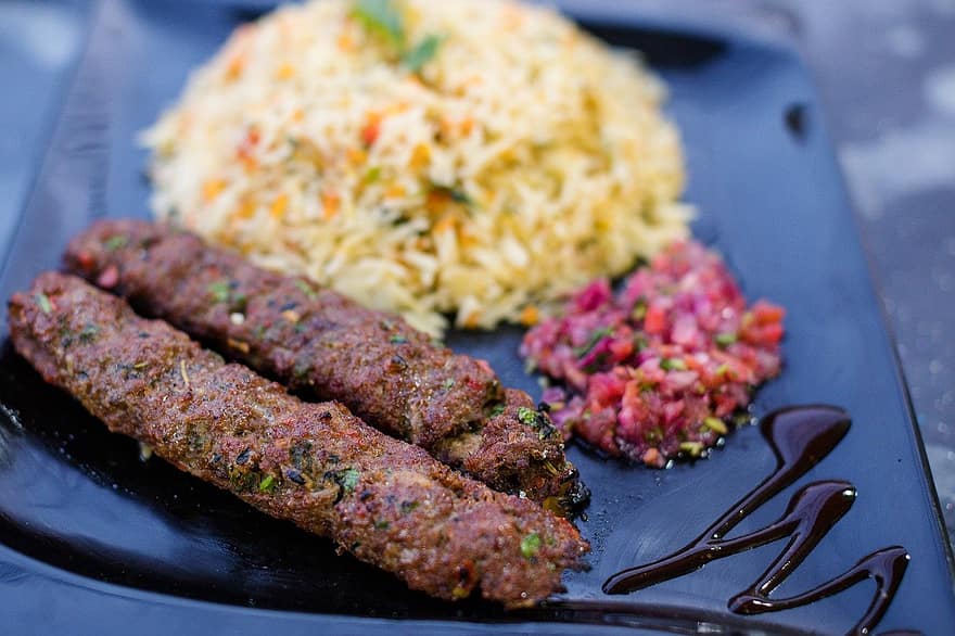 kebab, plat, menjar, carn, gourmet, dinar, carn de porc, primer pla, placa, cuinar, a la graella