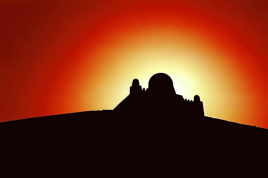 művészeti, napnyugta, piros, tüzes, színes, sziluett, mauzóleum, síremlék, Aswan