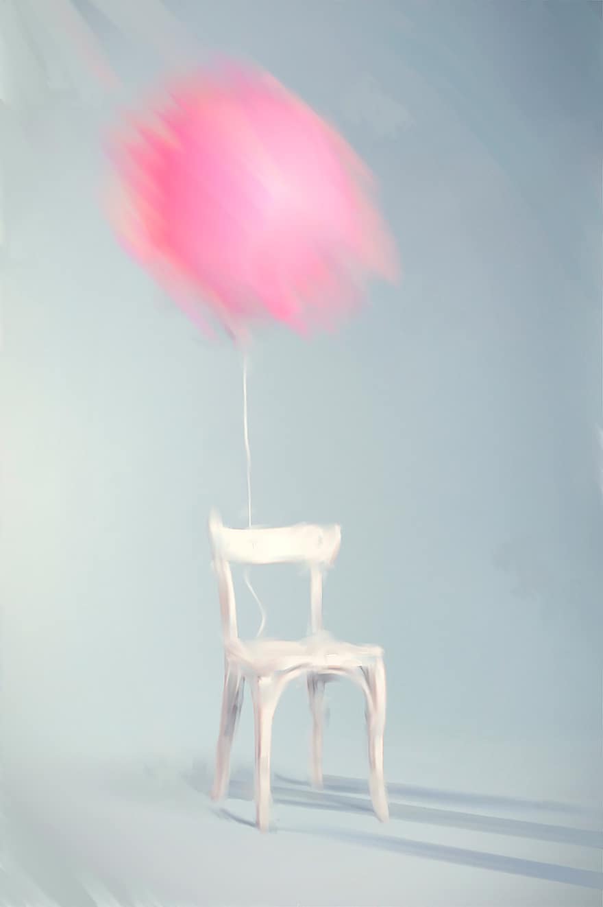 ballong, stol, dekoration, födelsedag, rosa ballong, vit stol, fest, målning, konst, design, diskussion