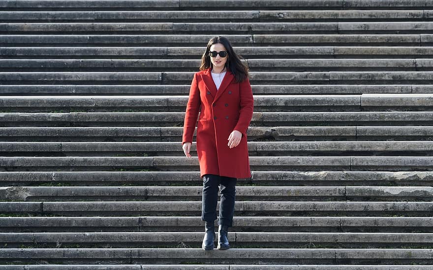 Woman, Stairs, Outdoors, Street, Beauty, Descending, Red Overcoat, Sunglasses, Fashion, Girl, Female