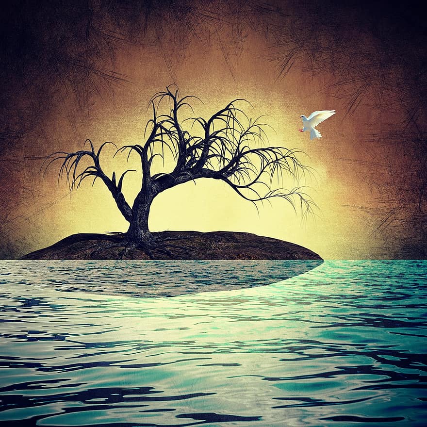 ostrov, moře, fantazie, osamělý, umění, digiart, strom, pták, pohádka, holubice, přistát