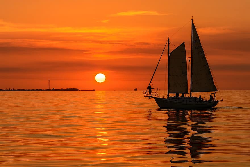 auringonlasku, vene, meri, purjevene, purjehdus, vesi, valtameri, aurinko, auringonvalo, näppäintä länteen, Florida