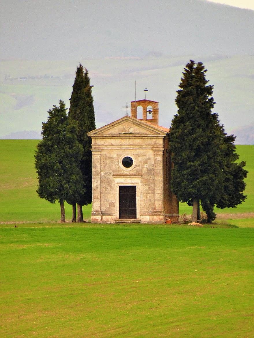 cappella della madonna di vitaleta, toscana, capilla, cristianismo, religión, arquitectura, hierba, árbol, antiguo, historia, lugar famoso