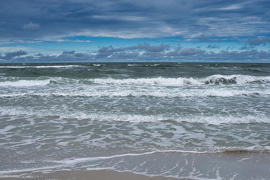 hav, bølger, Strand, vind, storm, skyer, det Baltiske hav, vannsport