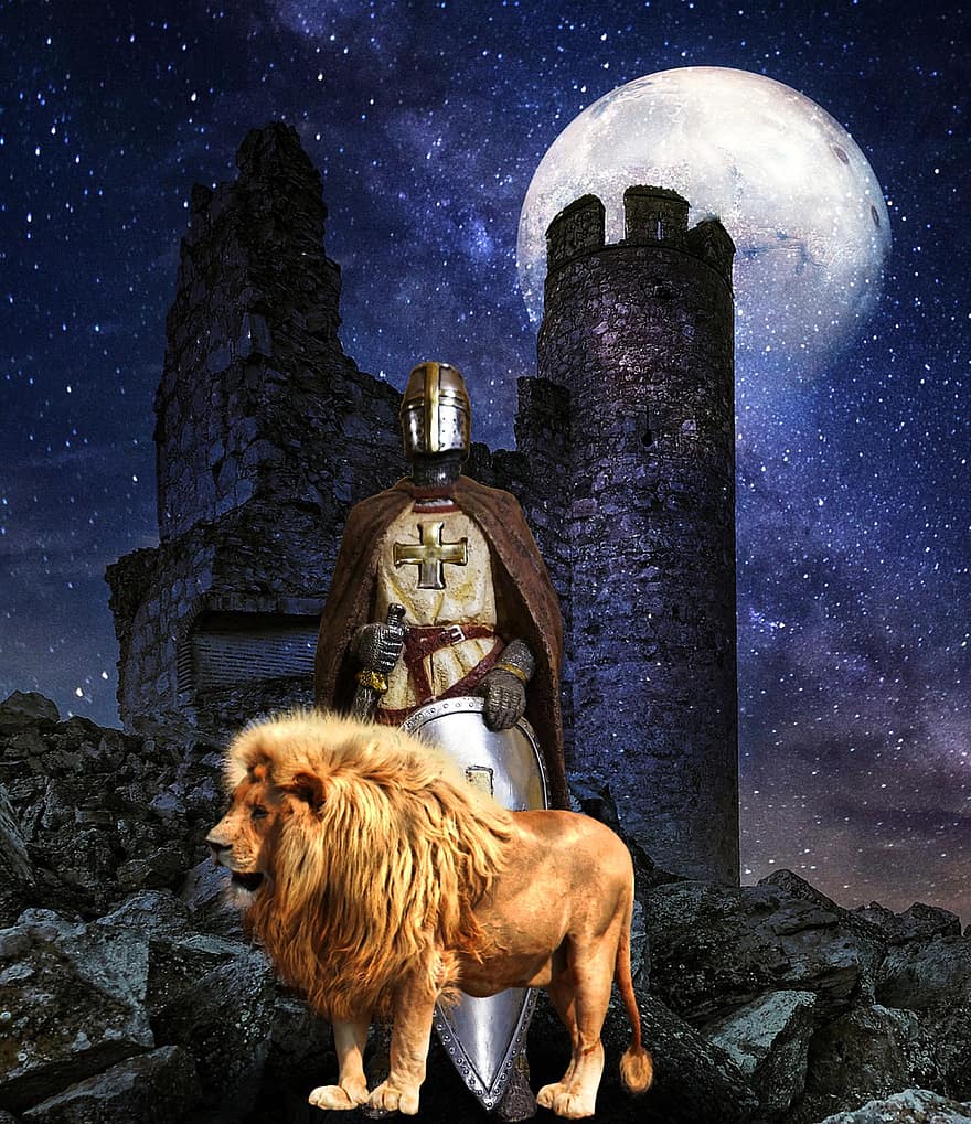 fantazija, riteris, liūtas, charakteris, gyvūnas, griuvėsiai, pilis, laukinės gamtos, naktis, mėnulis