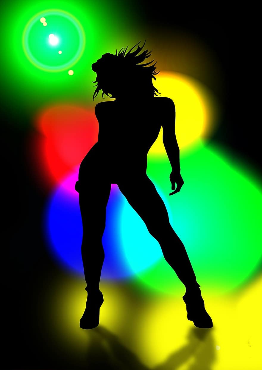 siluetas, mergina, judėjimas, šokinėti, šokis, šviesa, vakarėlis, diskoteka, naktinis klubas, švesti, šokėjai