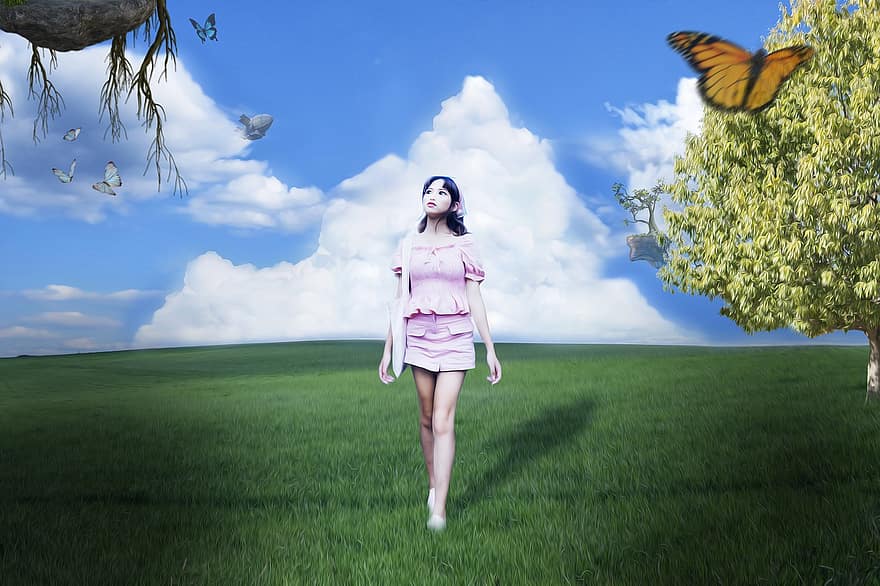Girl, Tree, Butterflies, Field, Anime, Clouds, Floating Islands, Dream, Fantasy