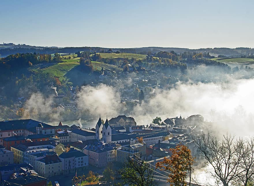 Passau, stad, mist, Beieren, Donau, rivier-, gebouwen, stad-, heuvels, landschap, mistig