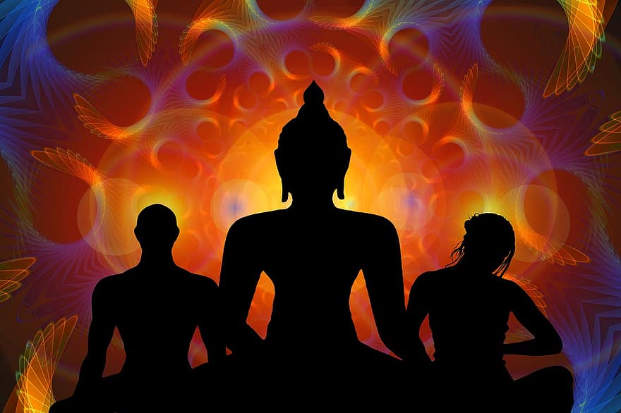 silhouet, vrouw, man, Boeddha, zittend, legged, meditatie, interieur, harmonie, rust uit, stil