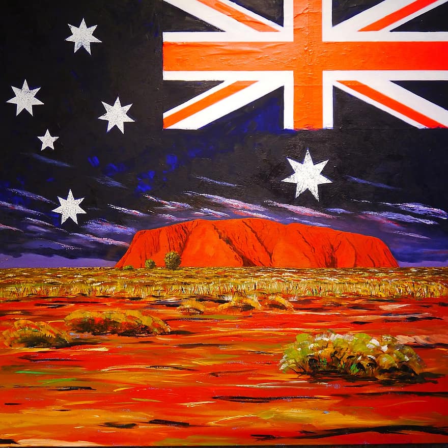 akrylmaling, bilde, maleri, Australia, flagg, Uluru, Ayers, stein