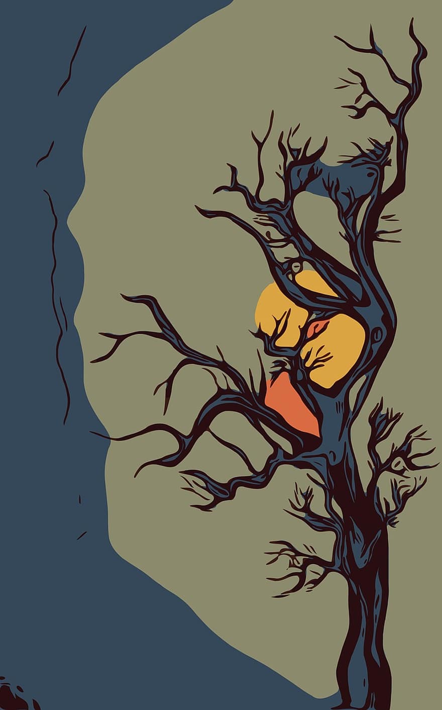 Art, Drawing, Abstract, Blue, Yellow, Winter, Concept, Tree, Asian, Design, Japanese