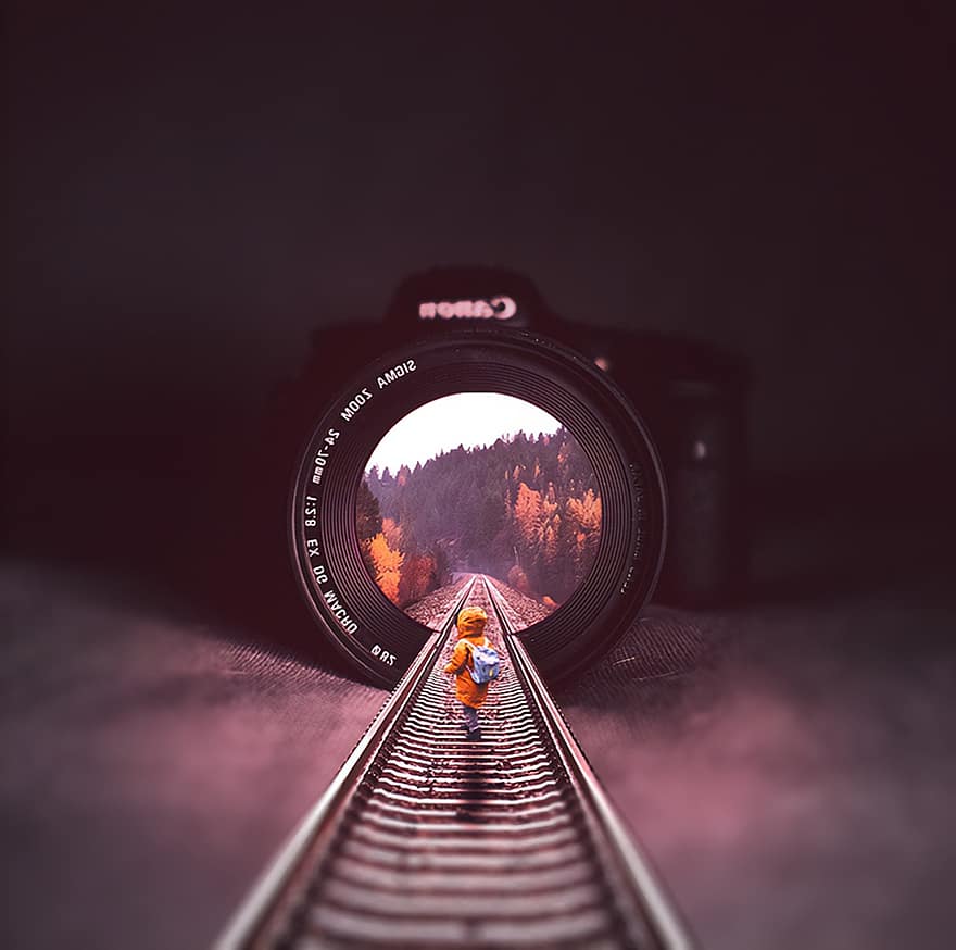 lensa, kamera, jalur kereta api, anak