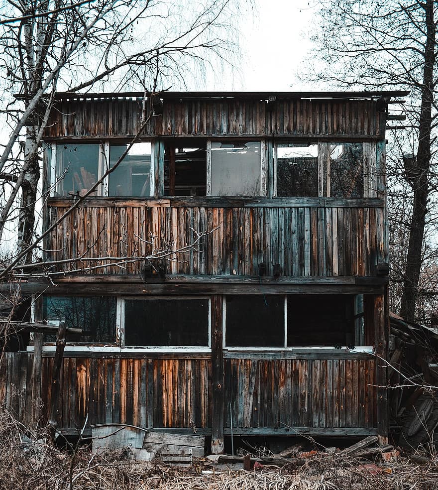 cabine, abandonado, floresta, edifício velho, ruínas, assustador