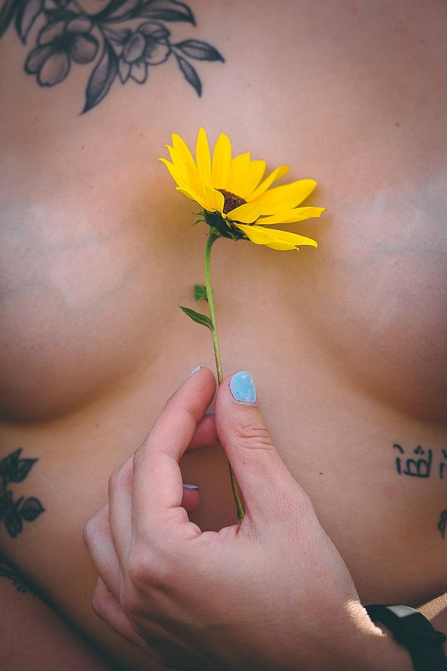 Sunflower, Tattoo, Body, Hand, Skin, Breast, Flower, Girl, Female, Woman