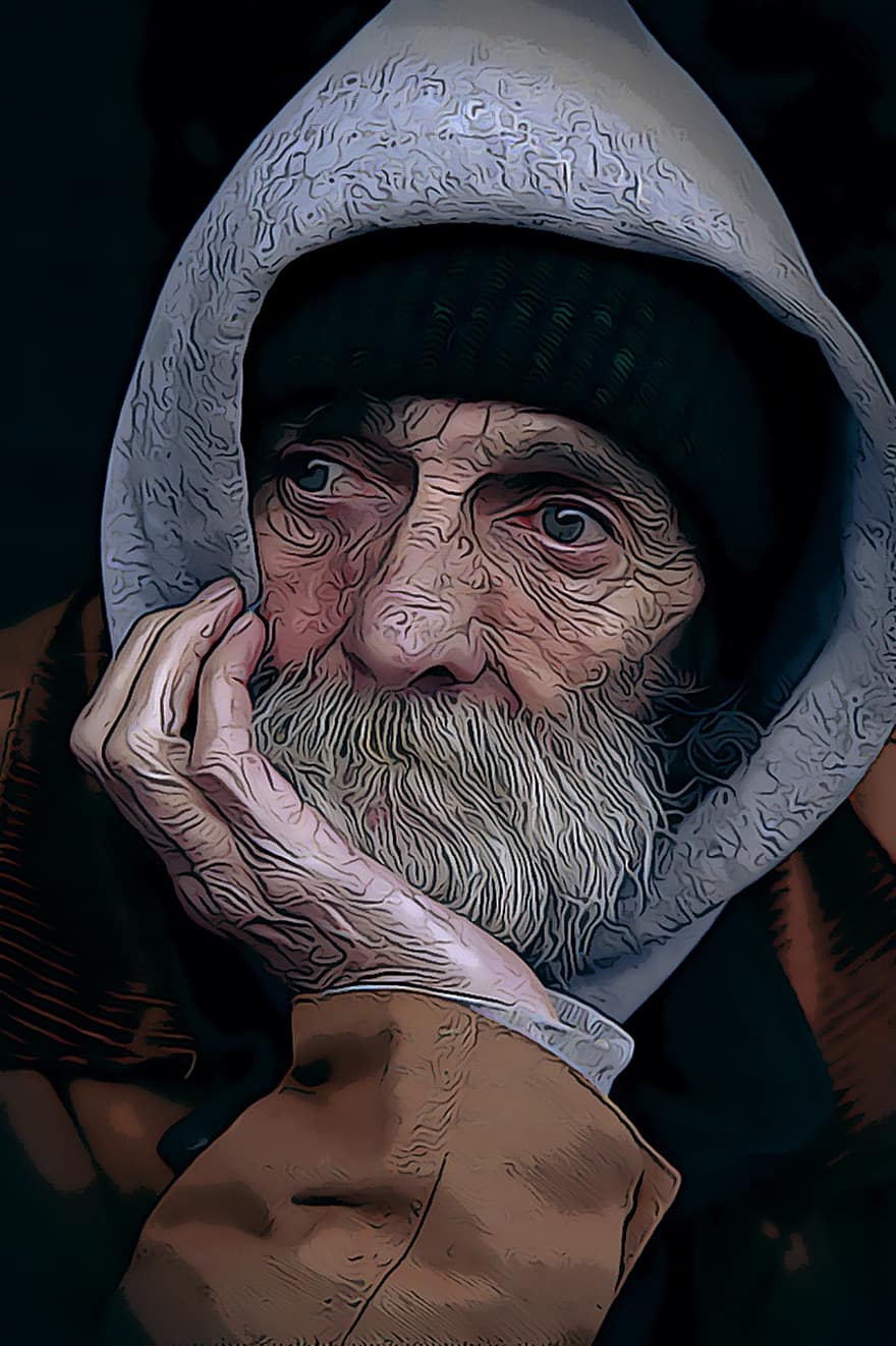 παλαιός, άνδρας, πρόσωπο, κεφάλι, άστεγος, μοναχικός, πορτρέτο, αρσενικός, μελαγχολικός, θλίψη, ελαιογραφία