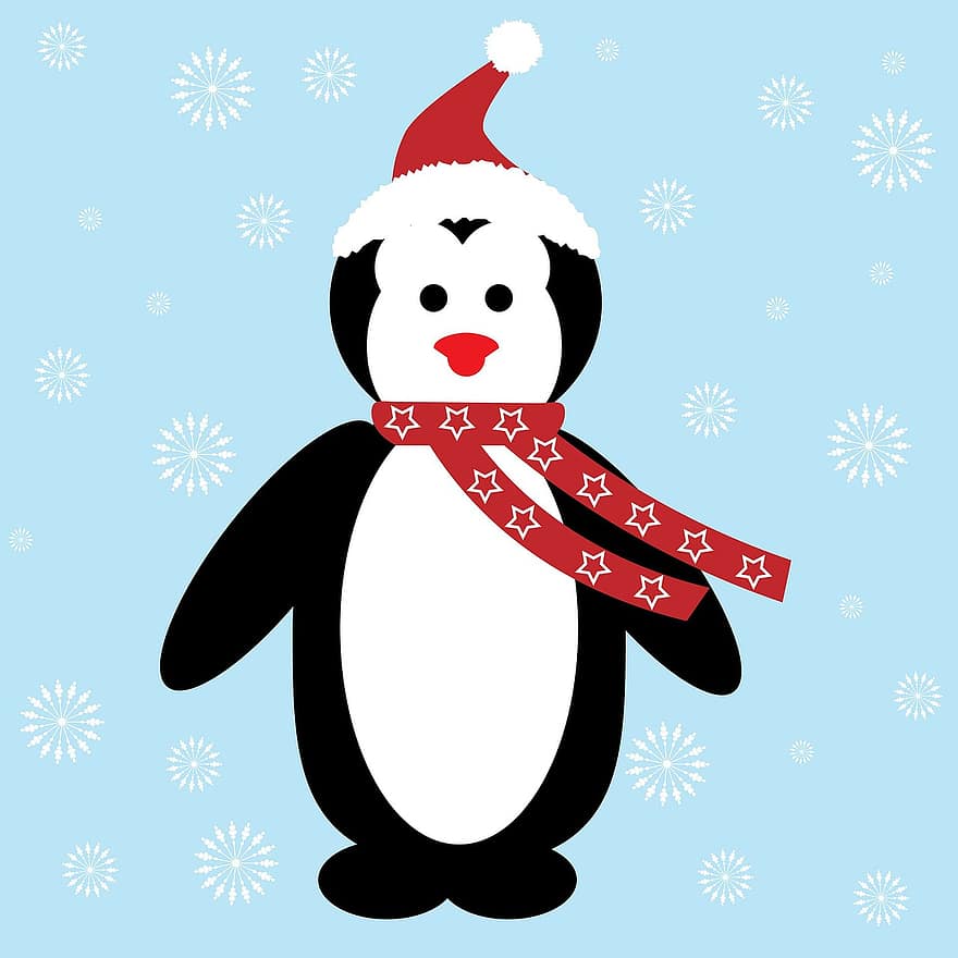 Boże Narodzenie, pingwin, czapka Mikołaja, kapelusz, szalik, płatki śniegu, wzór, tło, sztuka, uroczy, kreskówka