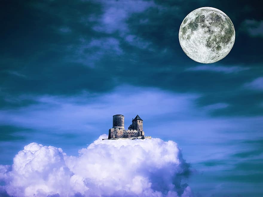 Luna llena, sueño, fantasía, cielo, nube, castillo, mágico