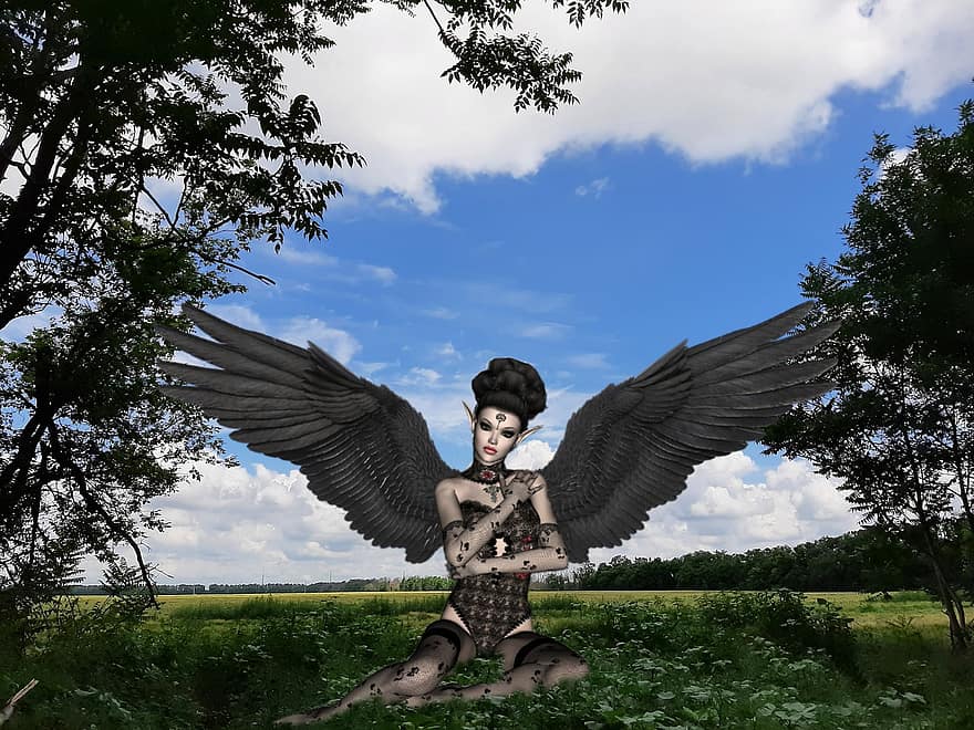 Background, Field, Trees, Clouds, Angel, Fantasy, Female, Character, Digital Art