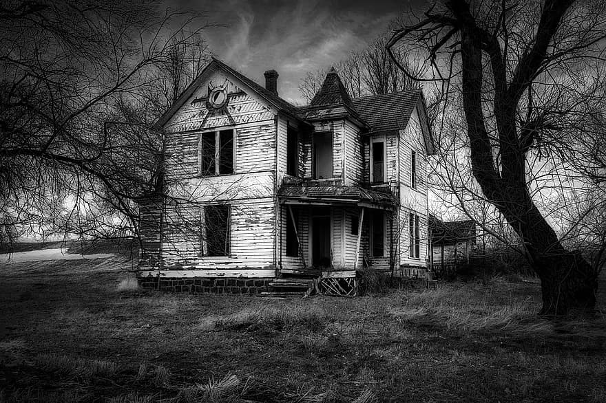hus, hjemsøgt, rædsel, monokrom, forladt, uhyggelig, gammel, sort og hvid, arkitektur, bygning udvendig, landlige scene