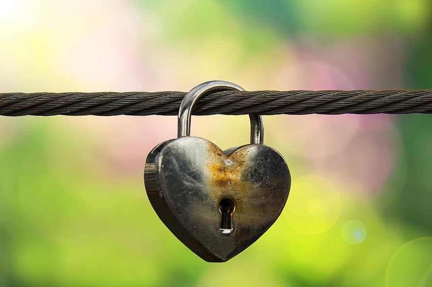 hjärta, låsa, kabel-, kärlek, valentine, symbol, nyckelhål, löfte, hänglås, rost, lojalitet