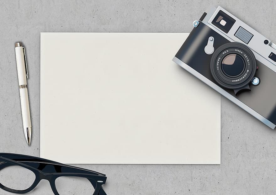 caméra, des lunettes, stylo, Bureau en papier, blanc, vide, l'écriture, Remarques, papier à notes, bloc note, Papier gris