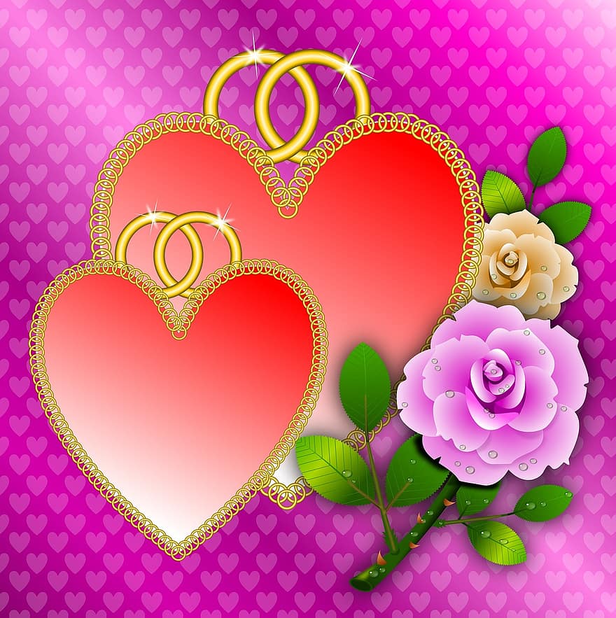 hjärtan, valentine, alla hjärtans dag, pojk, äktenskap, allians, guld-, ro, blommor, blommig, kort