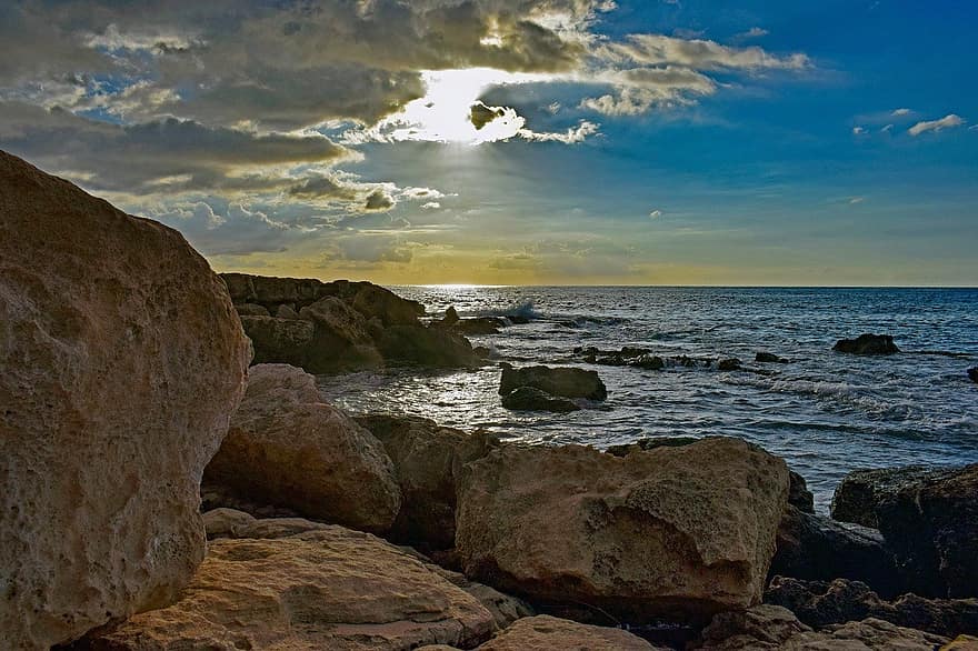 sziklás part, cape greco, napnyugta, tenger, ég, felhők, Látvány, tájkép, természet, tengerpart, víz
