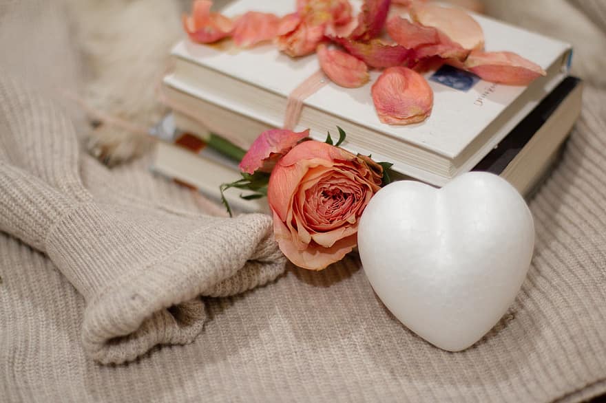 könyv, szeretet, Valentin nap, rózsa, szív, ajándék