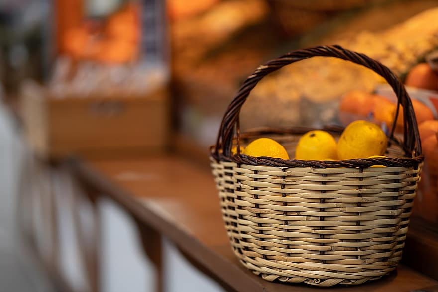фрукты, корзина, лимон, цитрон, плетеный, рынок, органический