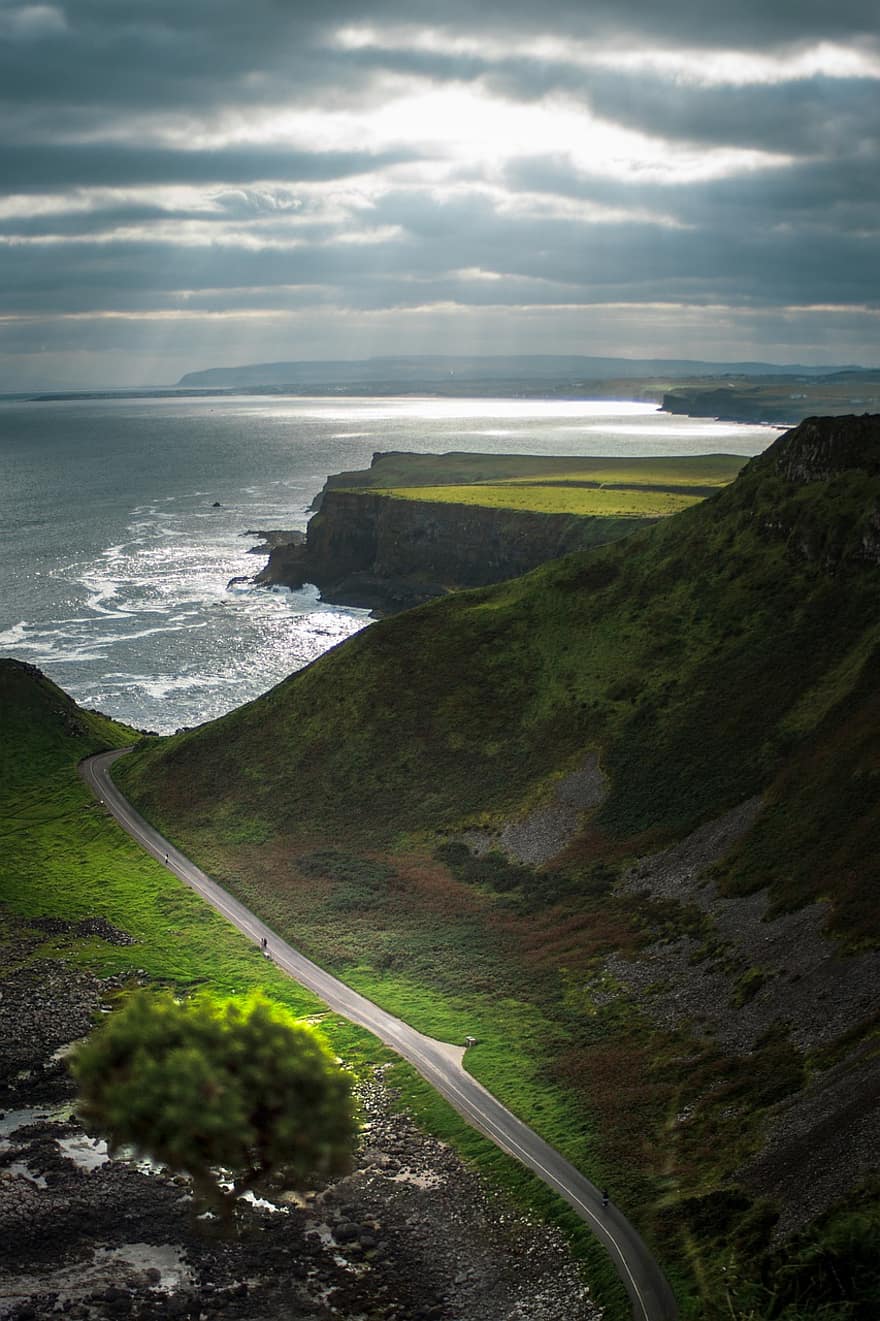 планина, стръмна скала, океан, море, тротоар, път, вълни, растителност, Ирландия