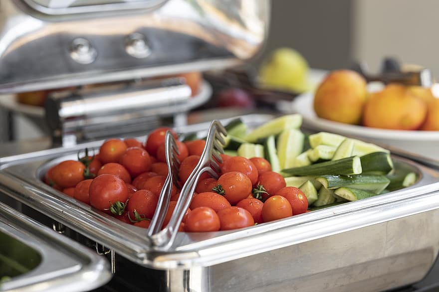 Salad, Vegetables, Fresh Vegetables, Tomatoes, Cucumbers, Tongs, Chafing Dish, Buffet, Healthy, Appetizer, Food