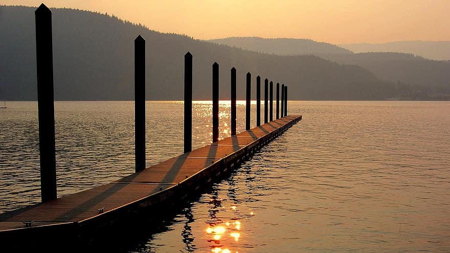 lake, sunset, dock