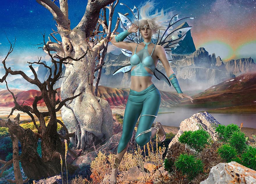 Zana, fantezie, creatură mitică, fundal, munţi, lac