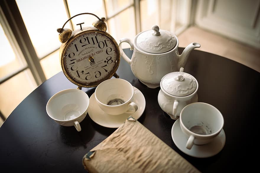 hodiny, čas, čaj, pohár